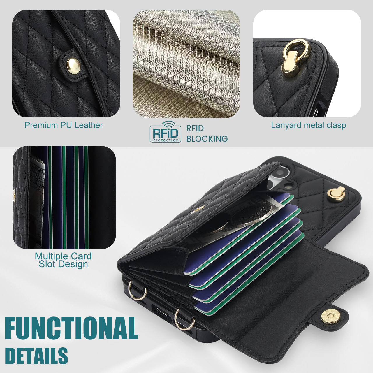 026 For Samsung Galaxy S24+ Card Case Leather Coated TPU Phone Cover with 2 Straps - Black
