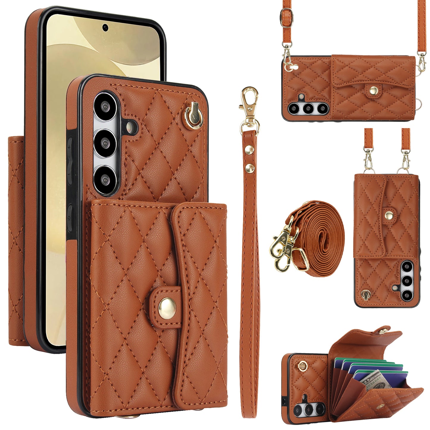 026 For Samsung Galaxy S24+ Card Case Leather Coated TPU Phone Cover with 2 Straps - Brown
