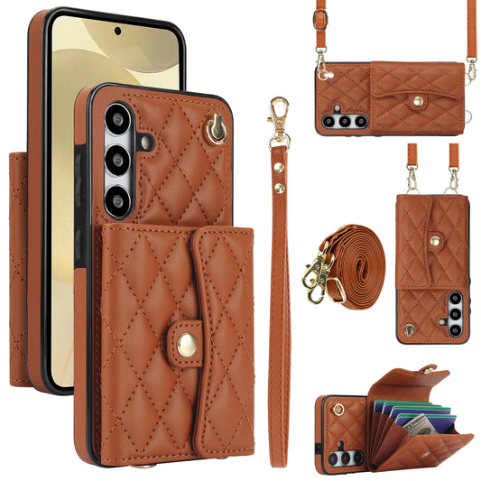 026 For Samsung Galaxy S24+ Card Case Leather Coated TPU Phone Cover with 2 Straps - Brown