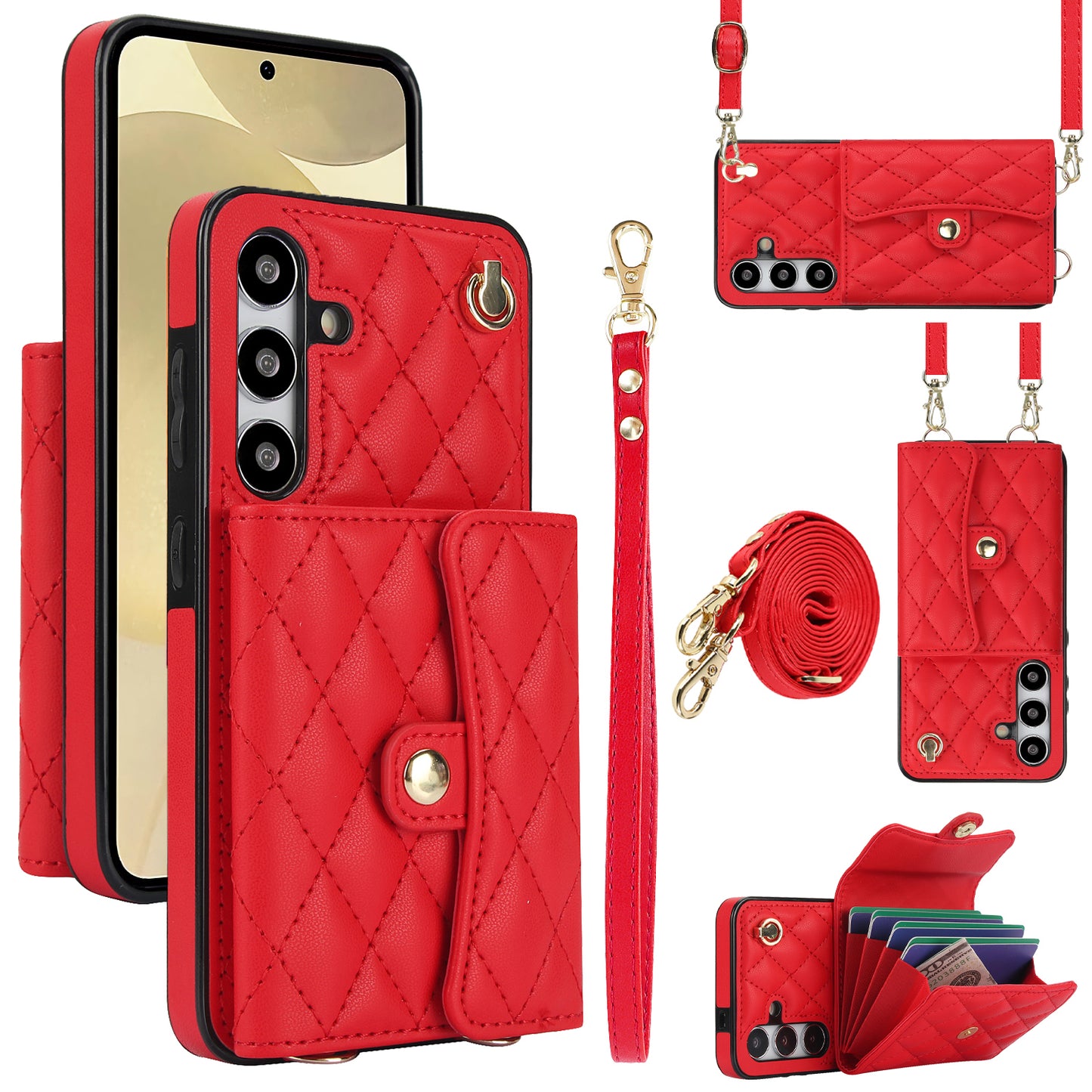 026 For Samsung Galaxy S24+ Card Case Leather Coated TPU Phone Cover with 2 Straps - Red