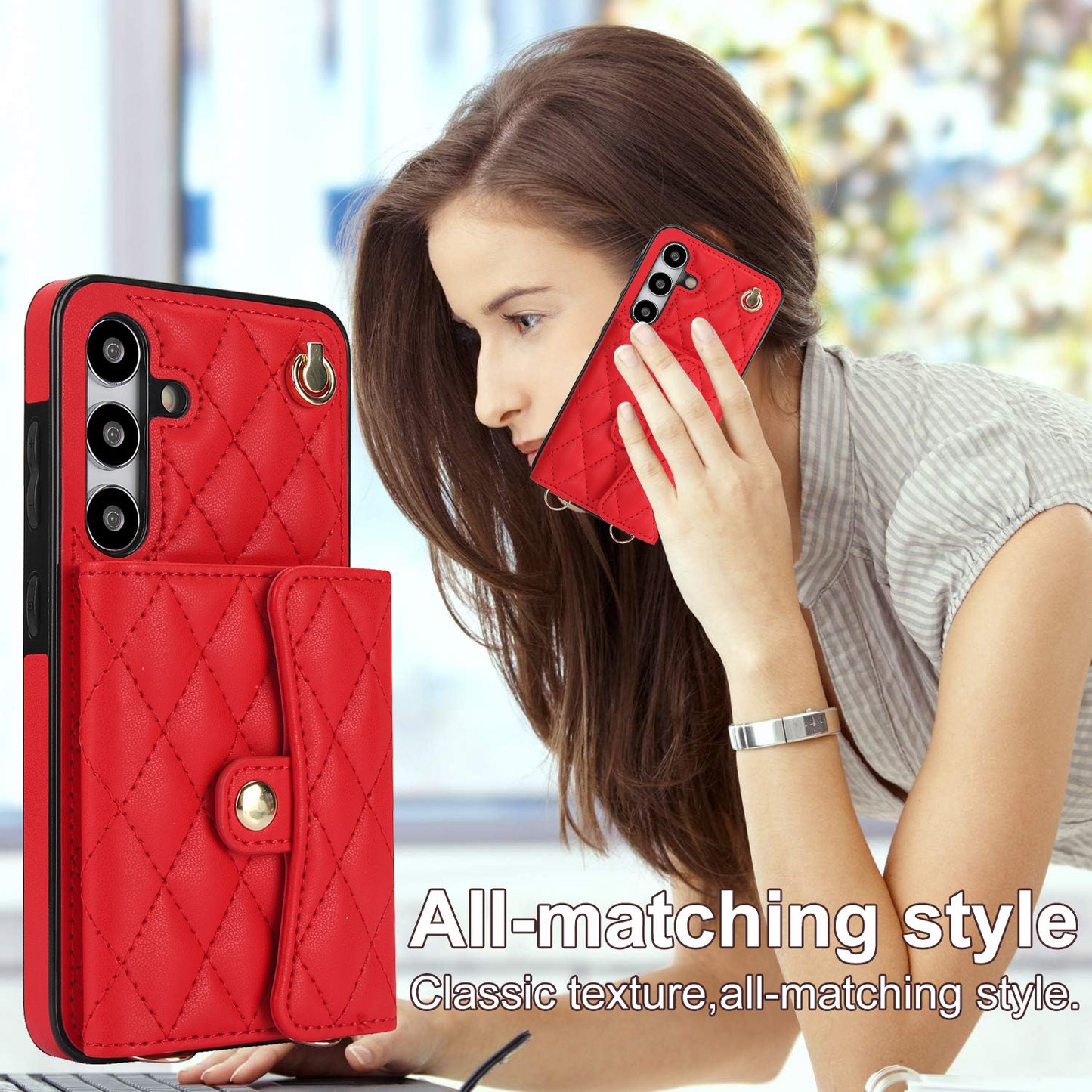 026 For Samsung Galaxy S24+ Card Case Leather Coated TPU Phone Cover with 2 Straps - Red