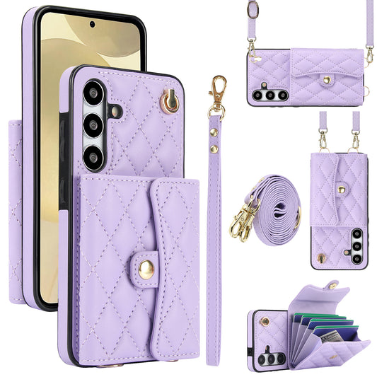 026 For Samsung Galaxy S24+ Card Case Leather Coated TPU Phone Cover with 2 Straps - Purple