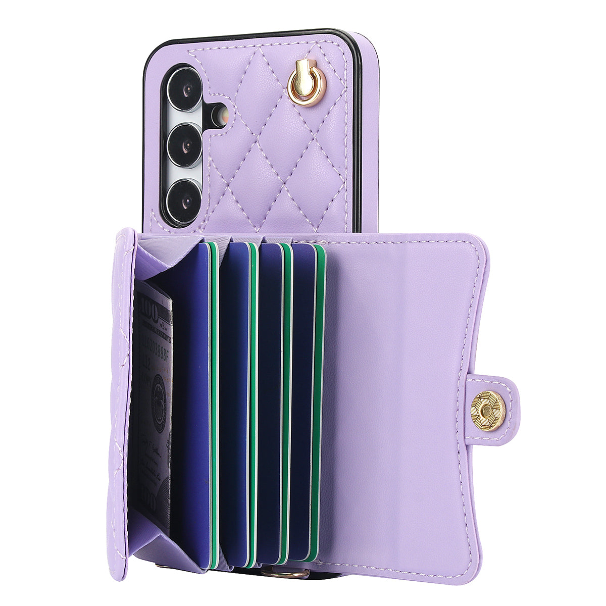 026 For Samsung Galaxy S24+ Card Case Leather Coated TPU Phone Cover with 2 Straps - Purple