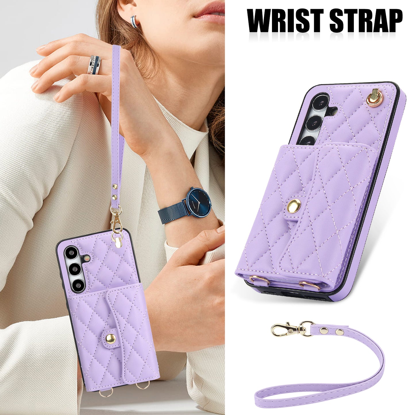 026 For Samsung Galaxy S24+ Card Case Leather Coated TPU Phone Cover with 2 Straps - Purple