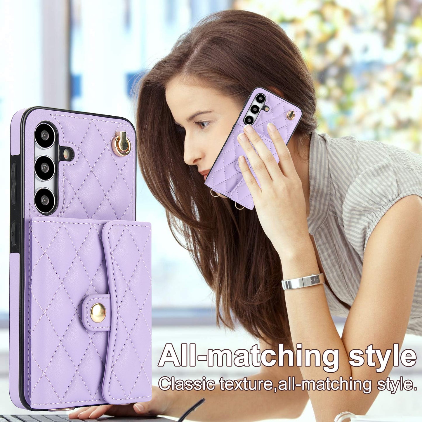 026 For Samsung Galaxy S24+ Card Case Leather Coated TPU Phone Cover with 2 Straps - Purple