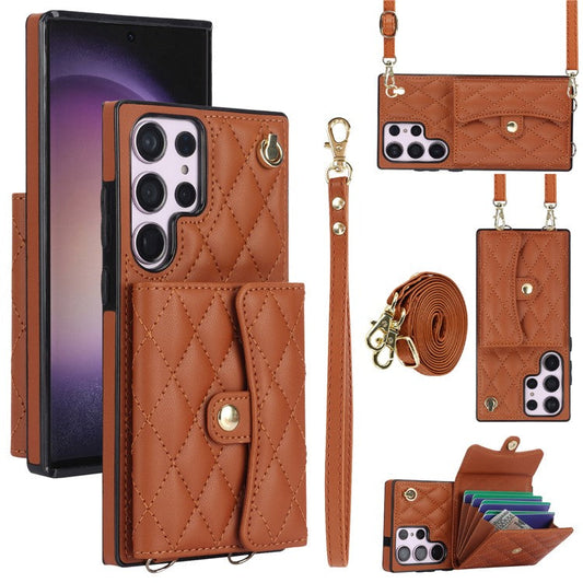026 For Samsung Galaxy S23 Ultra Phone Case Card Slots Kickstand Cover with 2 Straps - Brown
