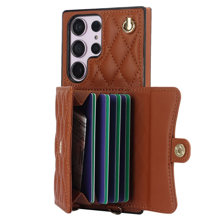 026 For Samsung Galaxy S23 Ultra Phone Case Card Slots Kickstand Cover with 2 Straps - Brown