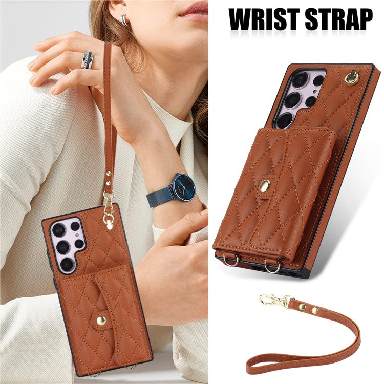 026 For Samsung Galaxy S23 Ultra Phone Case Card Slots Kickstand Cover with 2 Straps - Brown