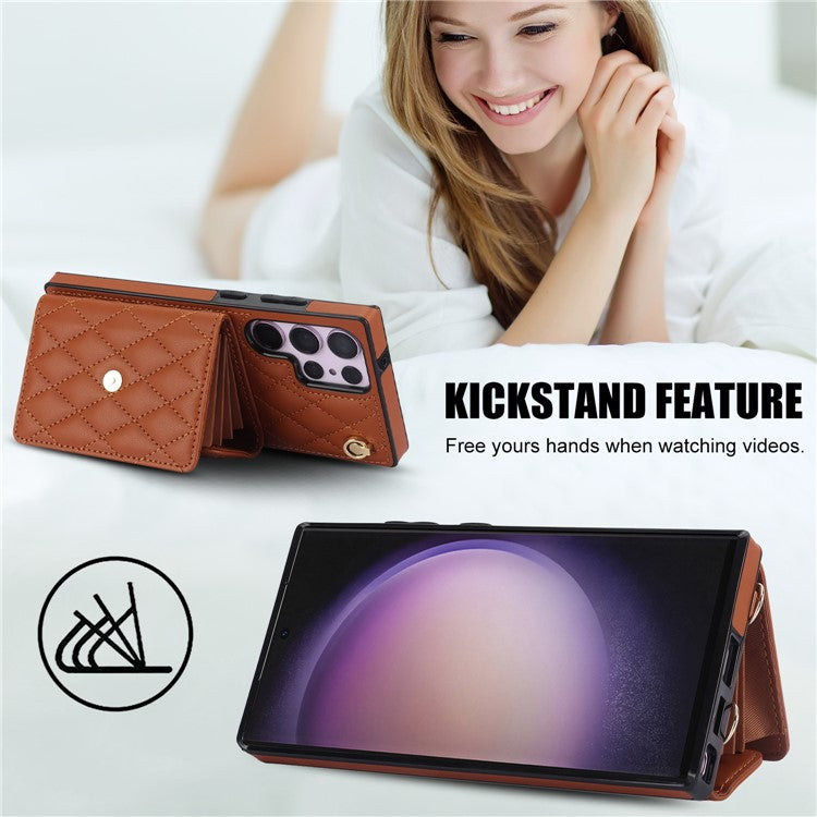 026 For Samsung Galaxy S23 Ultra Phone Case Card Slots Kickstand Cover with 2 Straps - Brown
