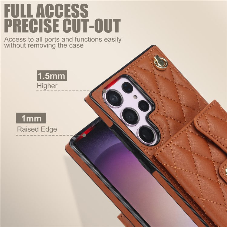026 For Samsung Galaxy S23 Ultra Phone Case Card Slots Kickstand Cover with 2 Straps - Brown