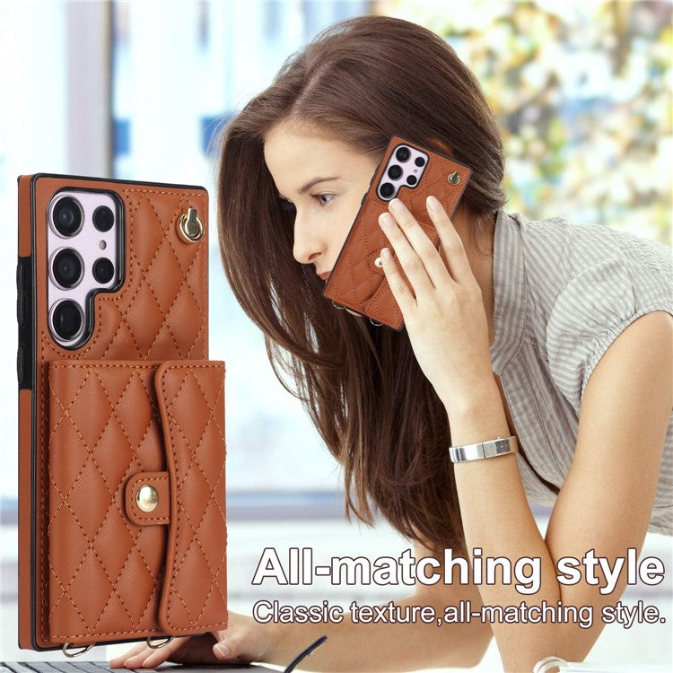 026 For Samsung Galaxy S23 Ultra Phone Case Card Slots Kickstand Cover with 2 Straps - Brown
