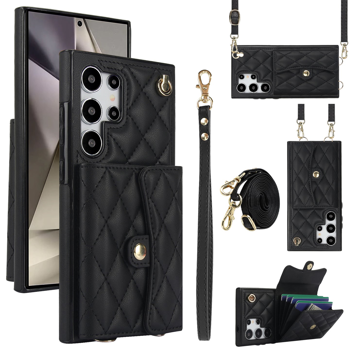 026 For Samsung Galaxy S24 Ultra Card Slots Phone Case Kickstand Leather+TPU Cover - Black