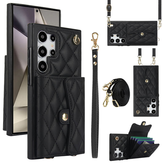 026 For Samsung Galaxy S24 Ultra Card Slots Phone Case Kickstand Leather+TPU Cover - Black