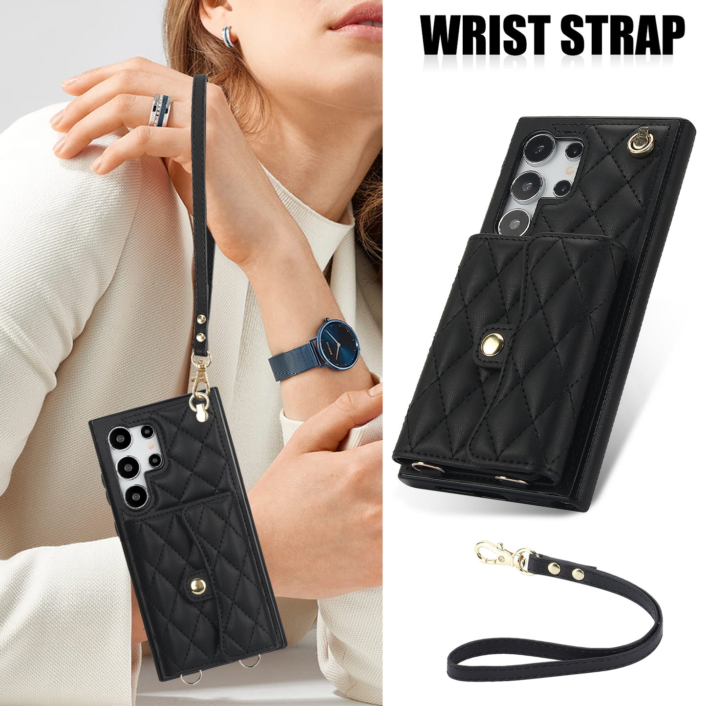 026 For Samsung Galaxy S24 Ultra Card Slots Phone Case Kickstand Leather+TPU Cover - Black