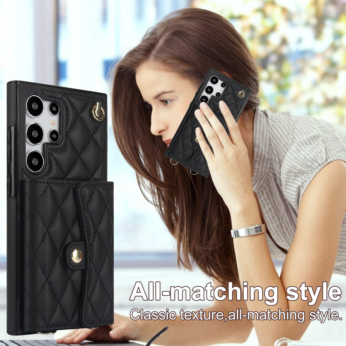 026 For Samsung Galaxy S24 Ultra Card Slots Phone Case Kickstand Leather+TPU Cover - Black