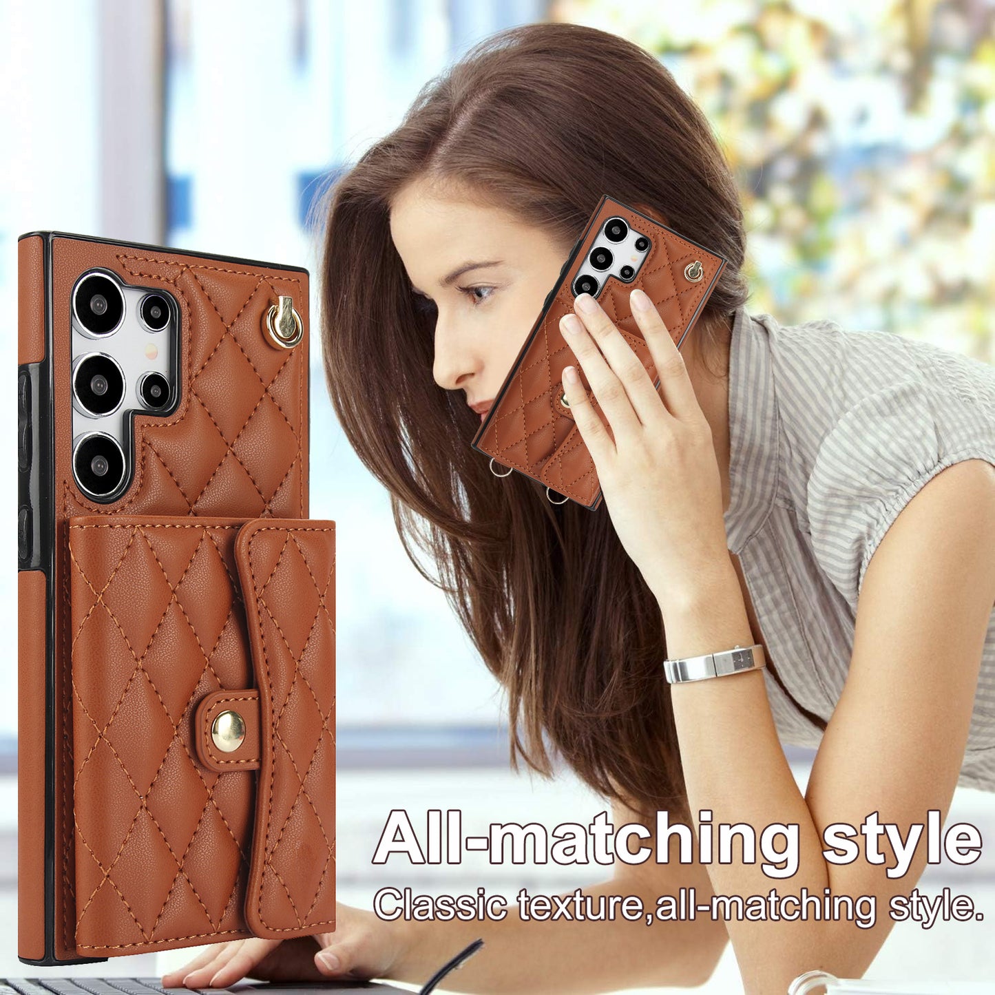 026 For Samsung Galaxy S24 Ultra Card Slots Phone Case Kickstand Leather+TPU Cover - Brown