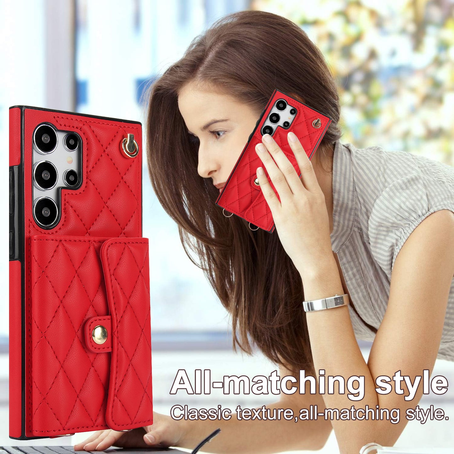 026 For Samsung Galaxy S24 Ultra Card Slots Phone Case Kickstand Leather+TPU Cover - Red