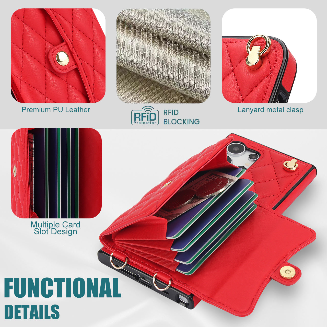 026 For Samsung Galaxy S24 Ultra Card Slots Phone Case Kickstand Leather+TPU Cover - Red