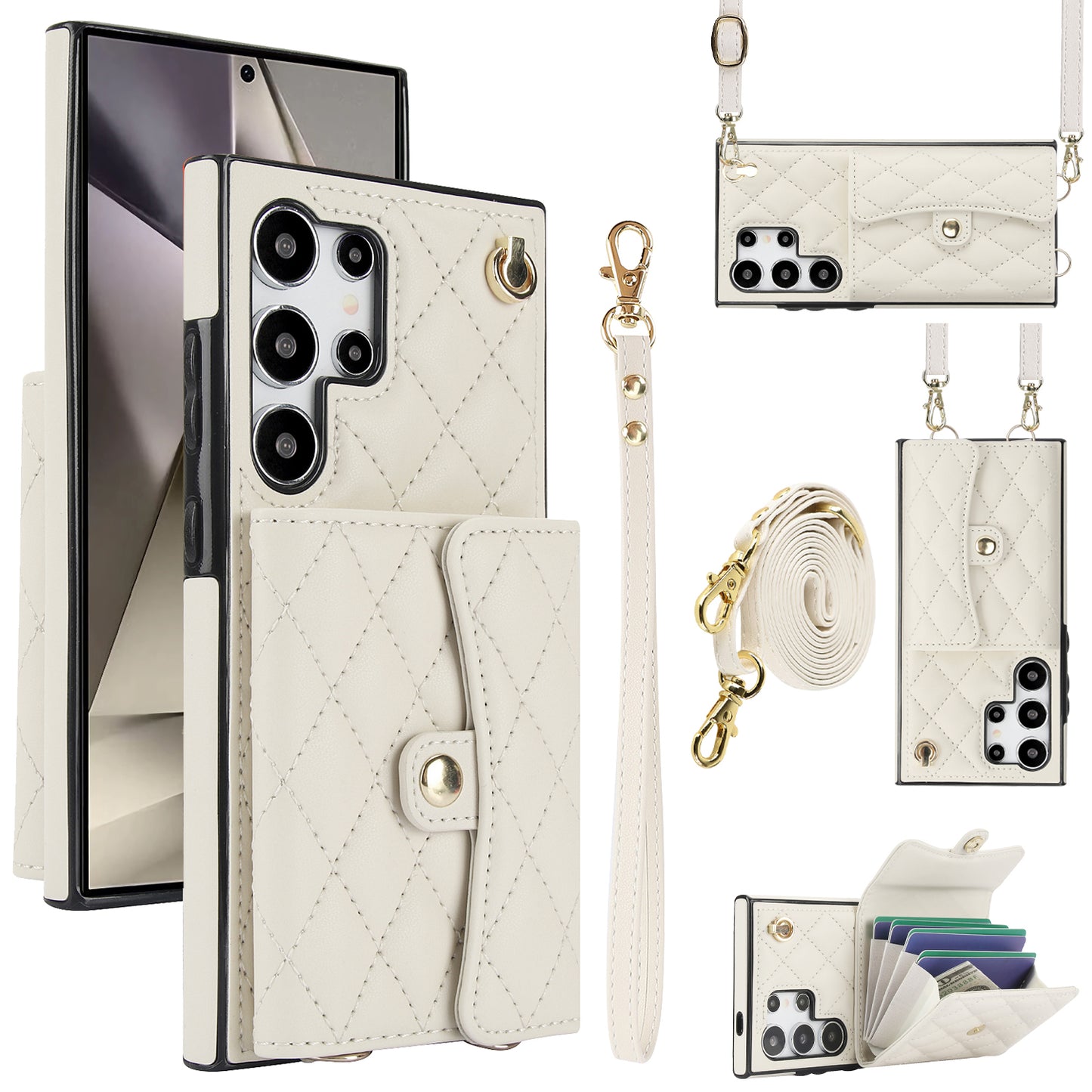 026 For Samsung Galaxy S24 Ultra Card Slots Phone Case Kickstand Leather+TPU Cover - White