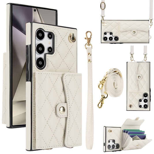026 For Samsung Galaxy S24 Ultra Card Slots Phone Case Kickstand Leather+TPU Cover - White