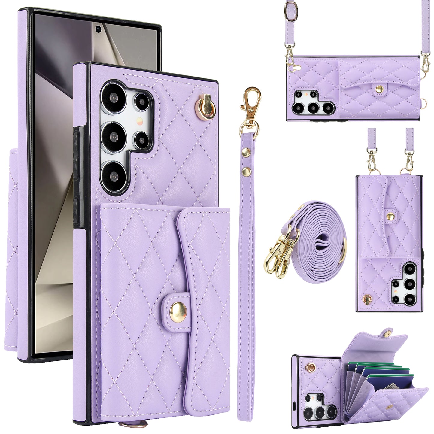 026 For Samsung Galaxy S24 Ultra Card Slots Phone Case Kickstand Leather+TPU Cover - Purple