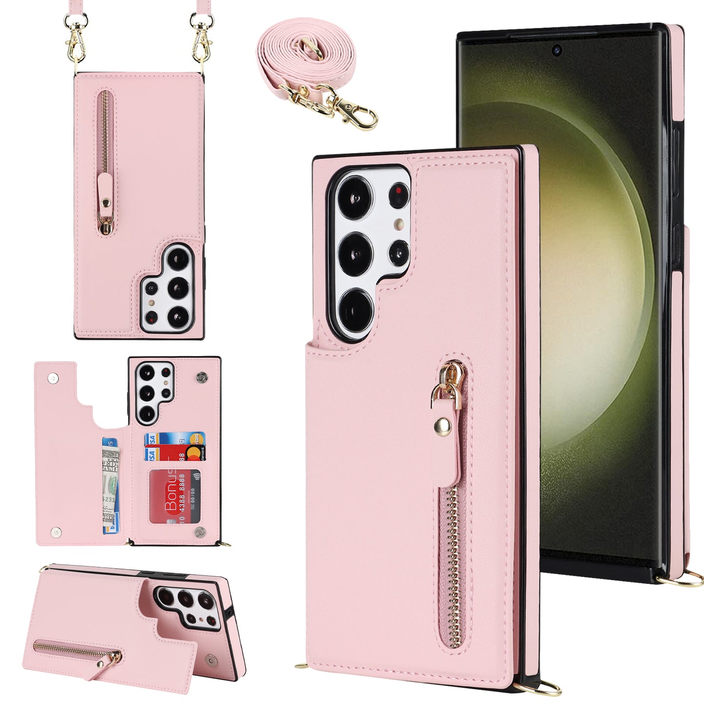 For Samsung Galaxy S24 Ultra Crossbody Phone Case Kickstand RFID Blocking Cover - Pink