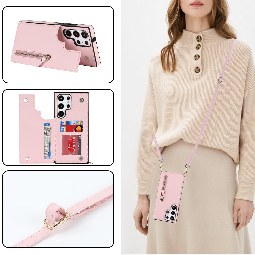 For Samsung Galaxy S24 Ultra Crossbody Phone Case Kickstand RFID Blocking Cover - Pink