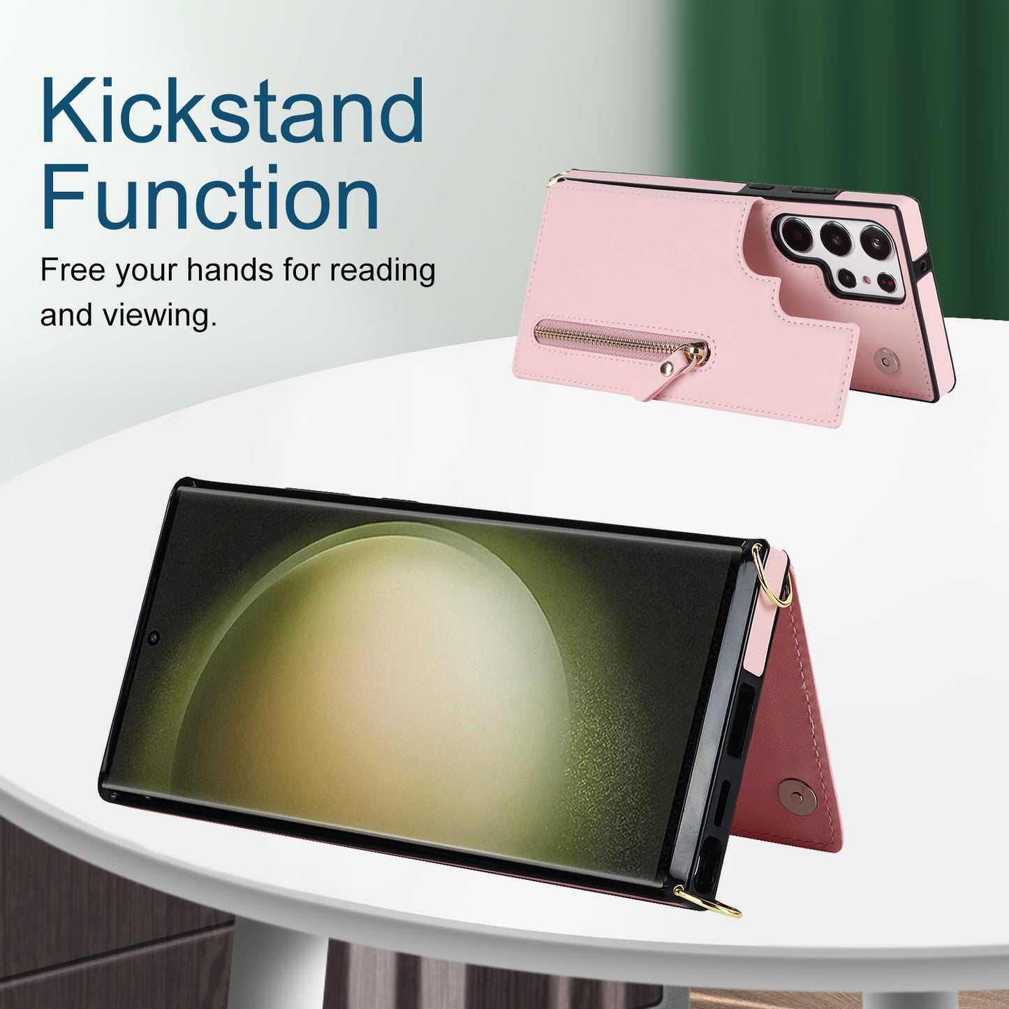 For Samsung Galaxy S24 Ultra Crossbody Phone Case Kickstand RFID Blocking Cover - Pink