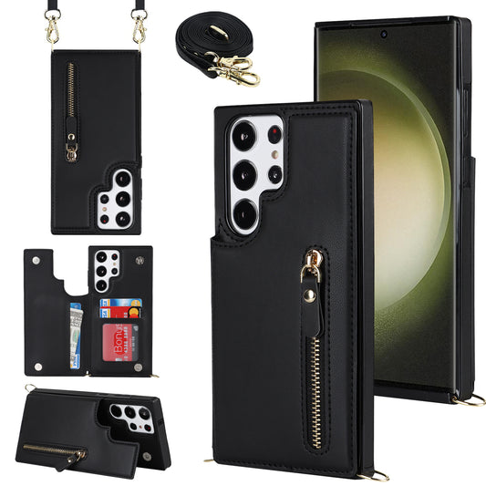 For Samsung Galaxy S24 Ultra Crossbody Phone Case Kickstand RFID Blocking Cover - Black