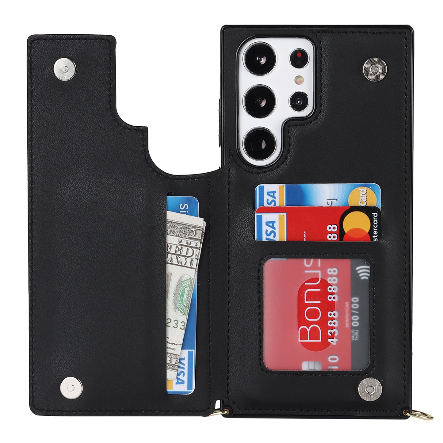 For Samsung Galaxy S24 Ultra Crossbody Phone Case Kickstand RFID Blocking Cover - Black