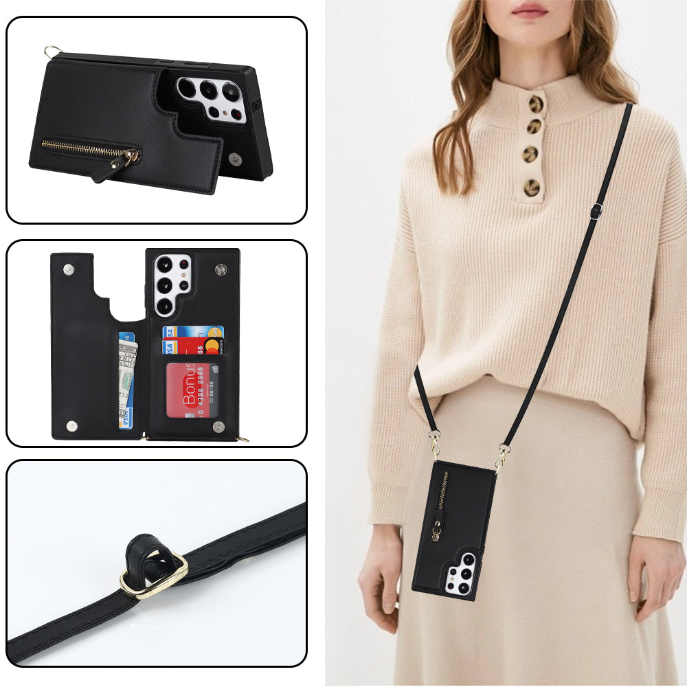 For Samsung Galaxy S24 Ultra Crossbody Phone Case Kickstand RFID Blocking Cover - Black