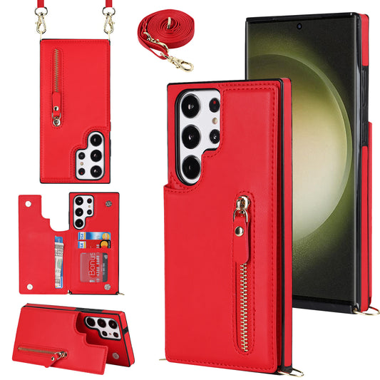 For Samsung Galaxy S24 Ultra Crossbody Phone Case Kickstand RFID Blocking Cover - Red