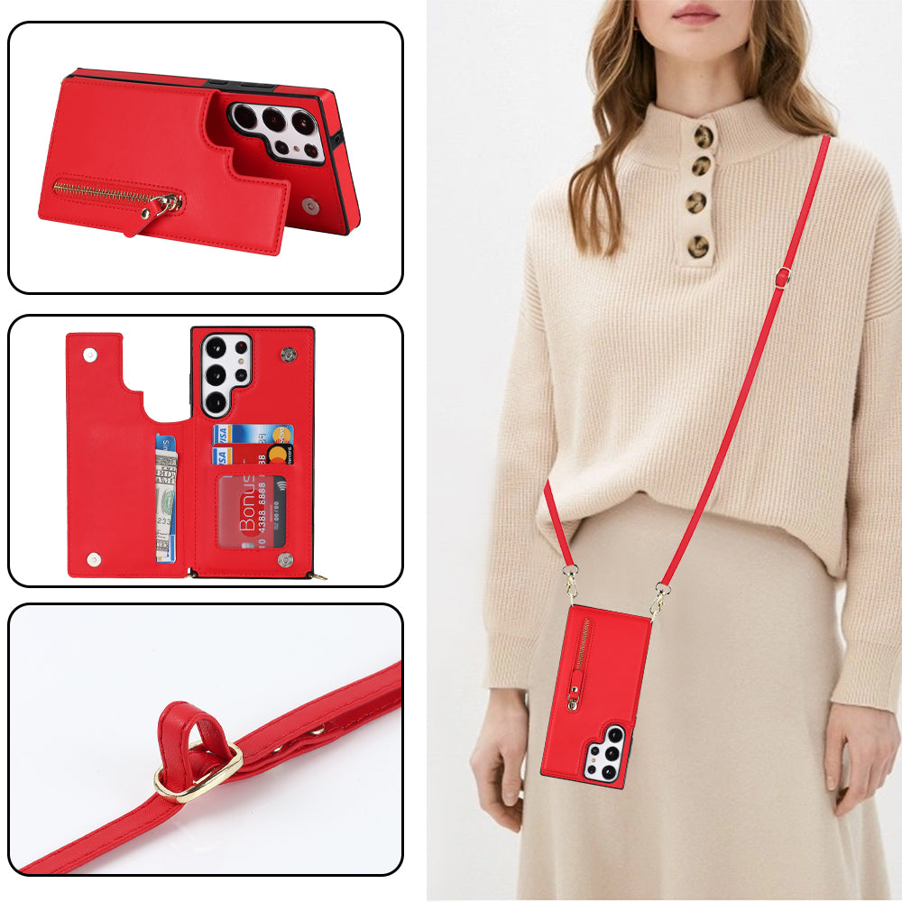For Samsung Galaxy S24 Ultra Crossbody Phone Case Kickstand RFID Blocking Cover - Red