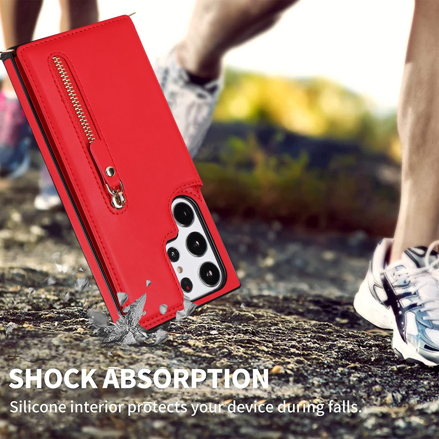 For Samsung Galaxy S24 Ultra Crossbody Phone Case Kickstand RFID Blocking Cover - Red