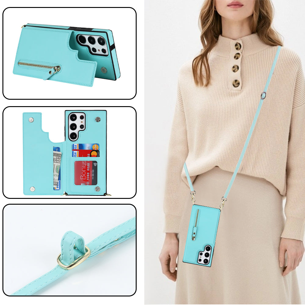 For Samsung Galaxy S24 Ultra Crossbody Phone Case Kickstand RFID Blocking Cover - Blue