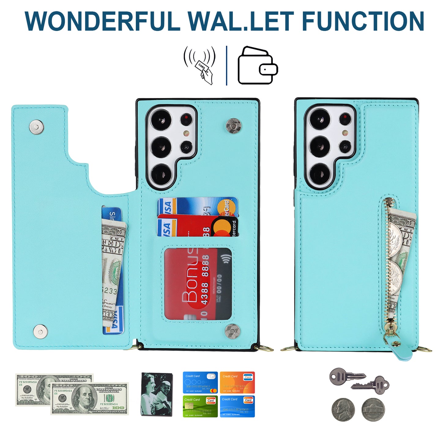 For Samsung Galaxy S24 Ultra Crossbody Phone Case Kickstand RFID Blocking Cover - Blue
