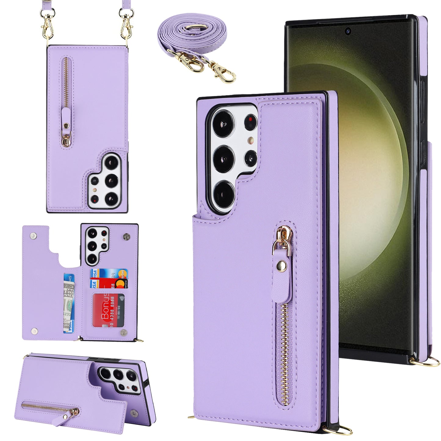 For Samsung Galaxy S24 Ultra Crossbody Phone Case Kickstand RFID Blocking Cover - Purple