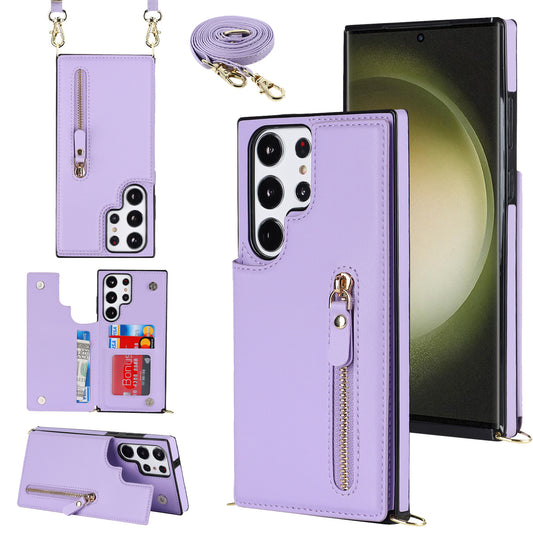 For Samsung Galaxy S24 Ultra Crossbody Phone Case Kickstand RFID Blocking Cover - Purple