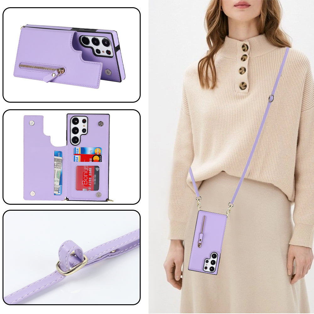 For Samsung Galaxy S24 Ultra Crossbody Phone Case Kickstand RFID Blocking Cover - Purple