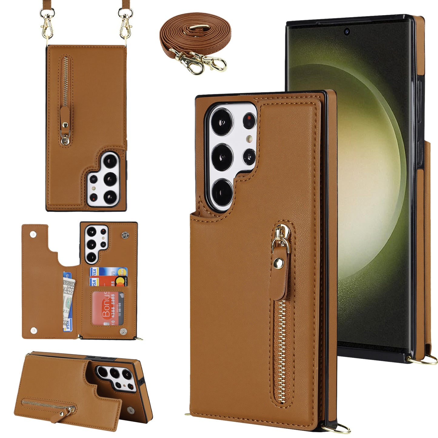 For Samsung Galaxy S24 Ultra Crossbody Phone Case Kickstand RFID Blocking Cover - Brown