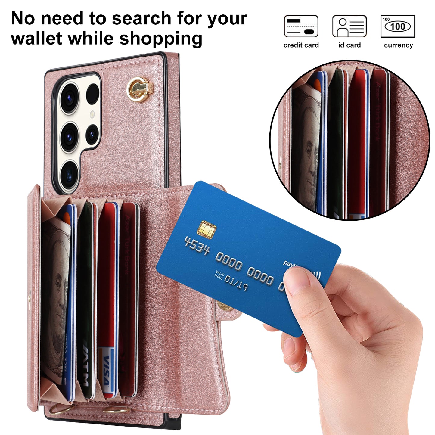 For Samsung Galaxy S24 Ultra RFID Blocking Card Slots Cover Phone Card Case - Rose Gold