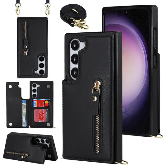 For Samsung Galaxy S24+ Zipper Wallet Case Crossbody Phone Cover Magnetic Button - Black