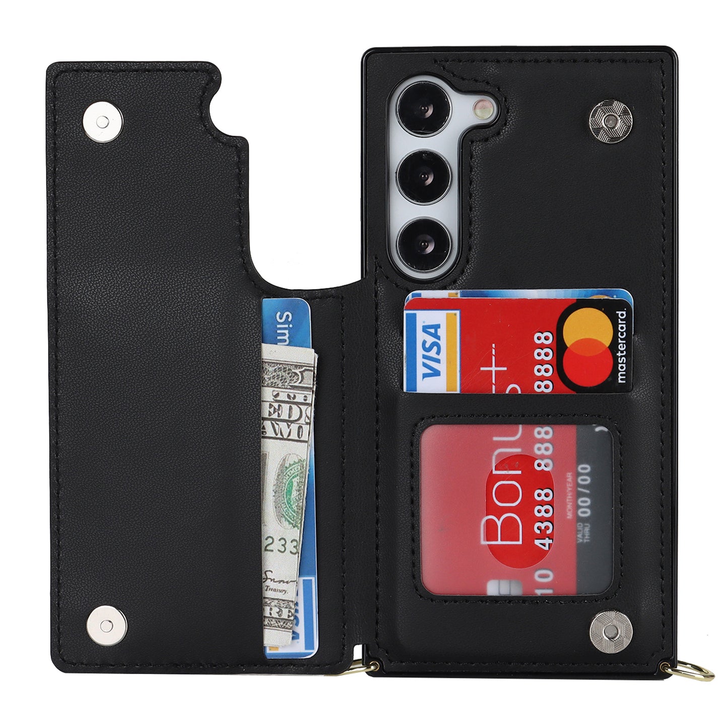 For Samsung Galaxy S24+ Zipper Wallet Case Crossbody Phone Cover Magnetic Button - Black