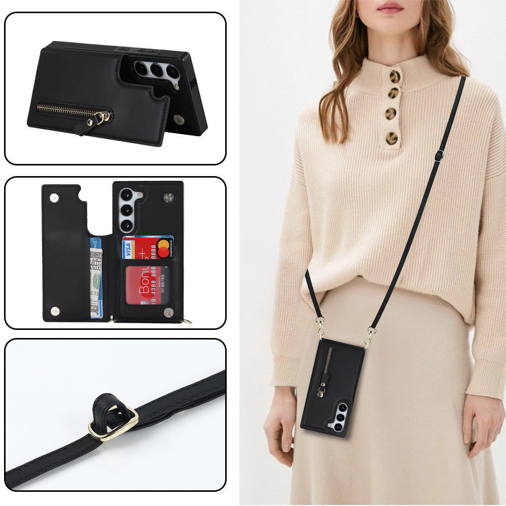 For Samsung Galaxy S24+ Zipper Wallet Case Crossbody Phone Cover Magnetic Button - Black