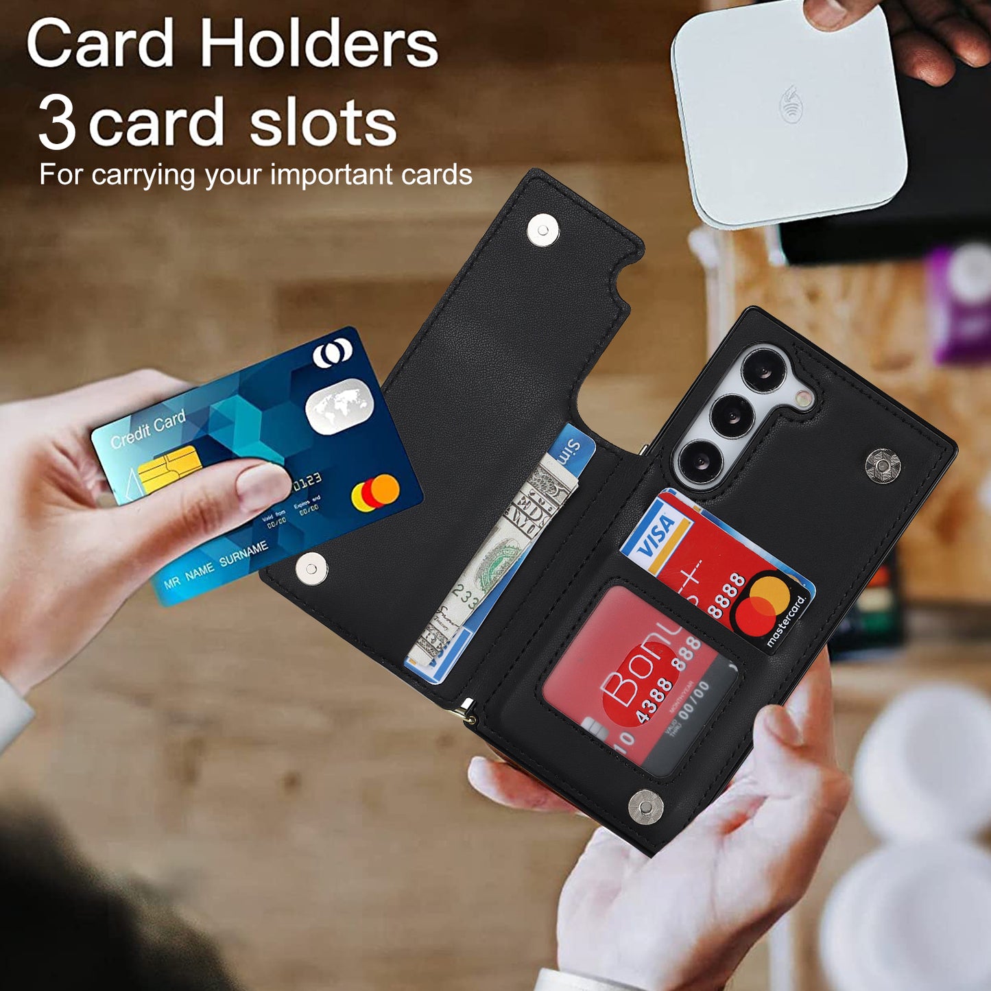 For Samsung Galaxy S24+ Zipper Wallet Case Crossbody Phone Cover Magnetic Button - Black