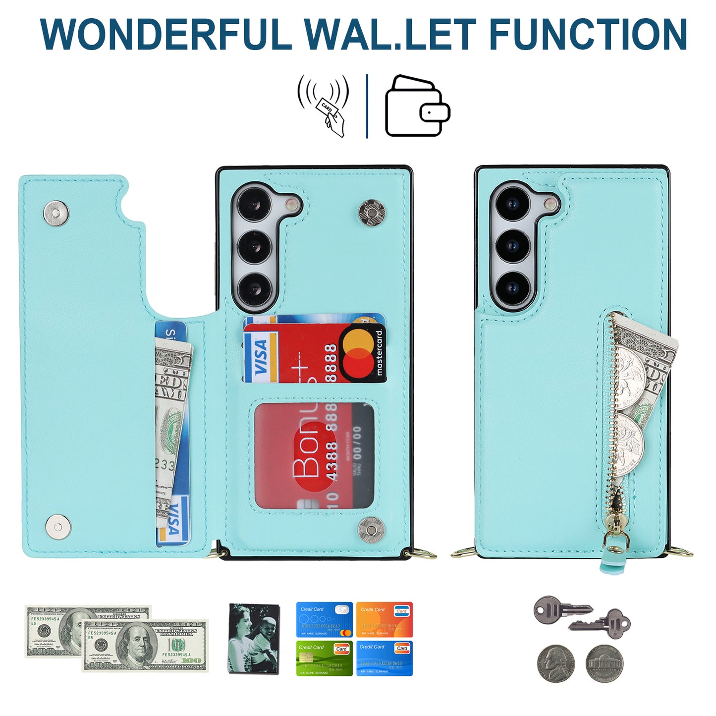 For Samsung Galaxy S24+ Zipper Wallet Case Crossbody Phone Cover Magnetic Button - Blue