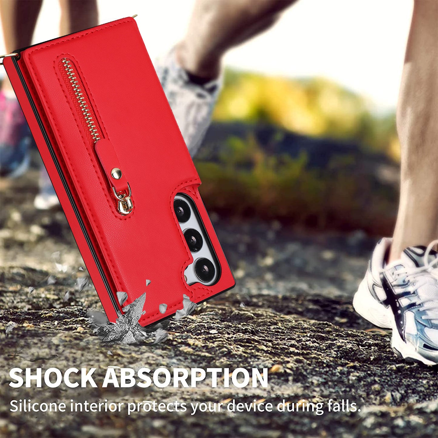 For Samsung Galaxy S24+ Zipper Wallet Case Crossbody Phone Cover Magnetic Button - Red