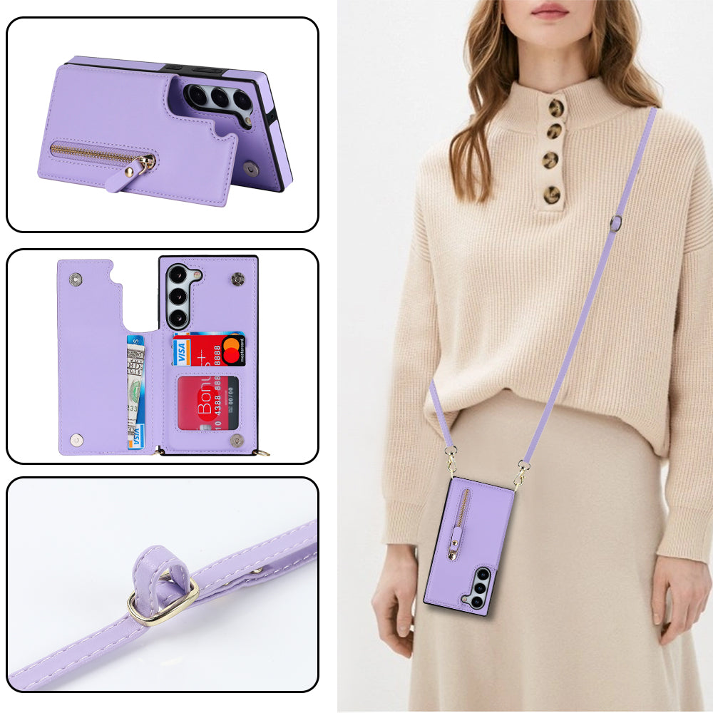For Samsung Galaxy S24+ Zipper Wallet Case Crossbody Phone Cover Magnetic Button - Purple