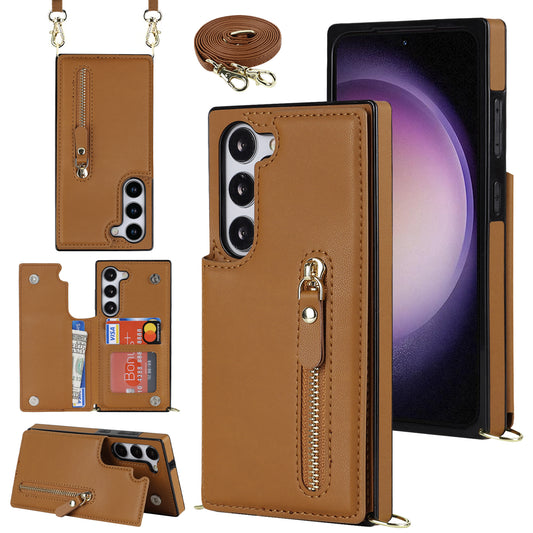 For Samsung Galaxy S24+ Zipper Wallet Case Crossbody Phone Cover Magnetic Button - Brown