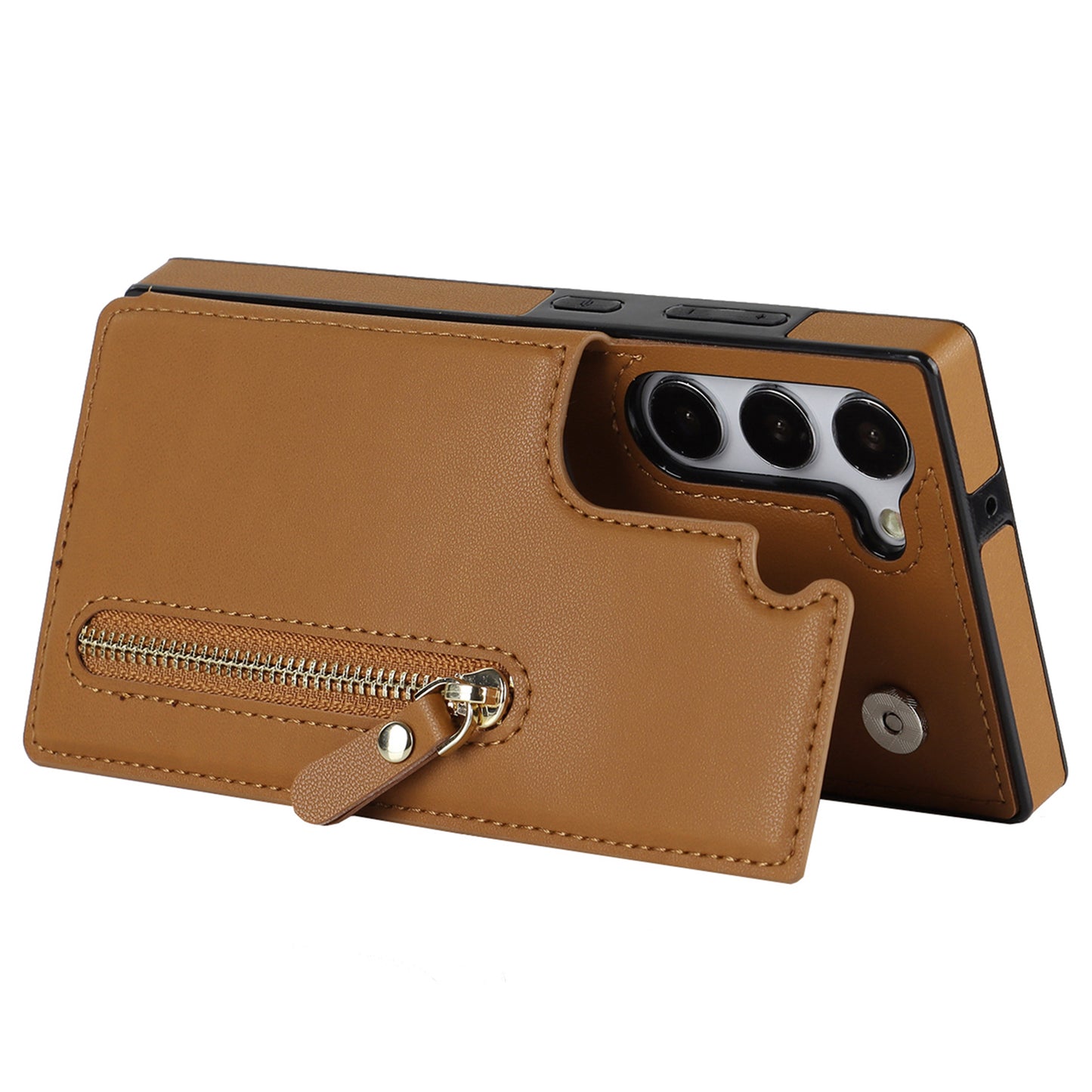 For Samsung Galaxy S24+ Zipper Wallet Case Crossbody Phone Cover Magnetic Button - Brown